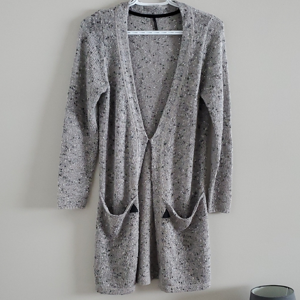Soyaconcept Speckled Gray Wmn Preppy Long Cardigan Faux Leather Detail Sz S
